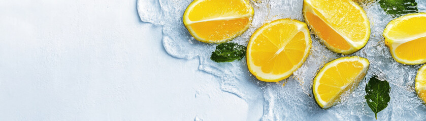 Fresh lemon slices with mint leaves on ice creating refreshing and vibrant summer feeling