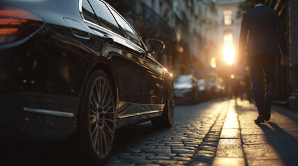 Dramatic City Sunset: Urban Street Scene with Car and Pedestrian