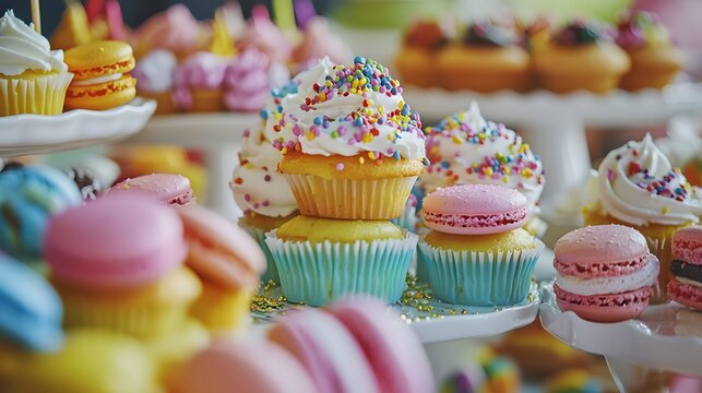 Colorful cupcakes and macarons displayed on tiered trays. - Powered by Adobe