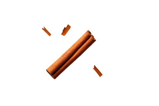 Single cinnamon stick with pieces isolated on transparent background