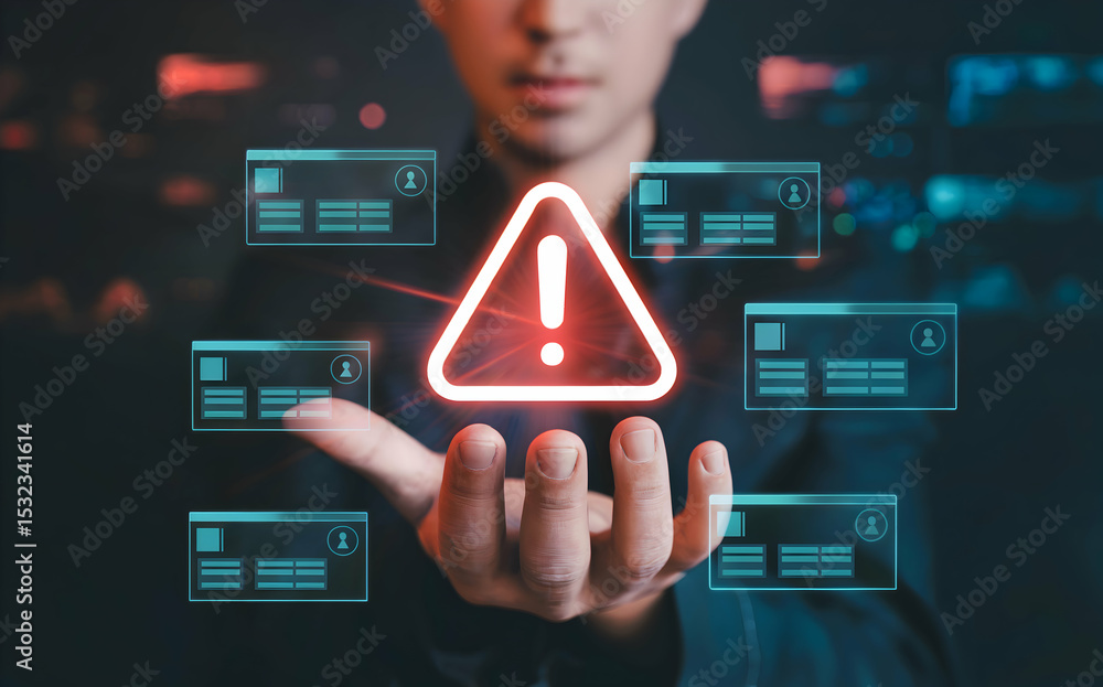 Poster a businessman's hand displays a digital warning alert signifying data breach risk, cybersecurity thr