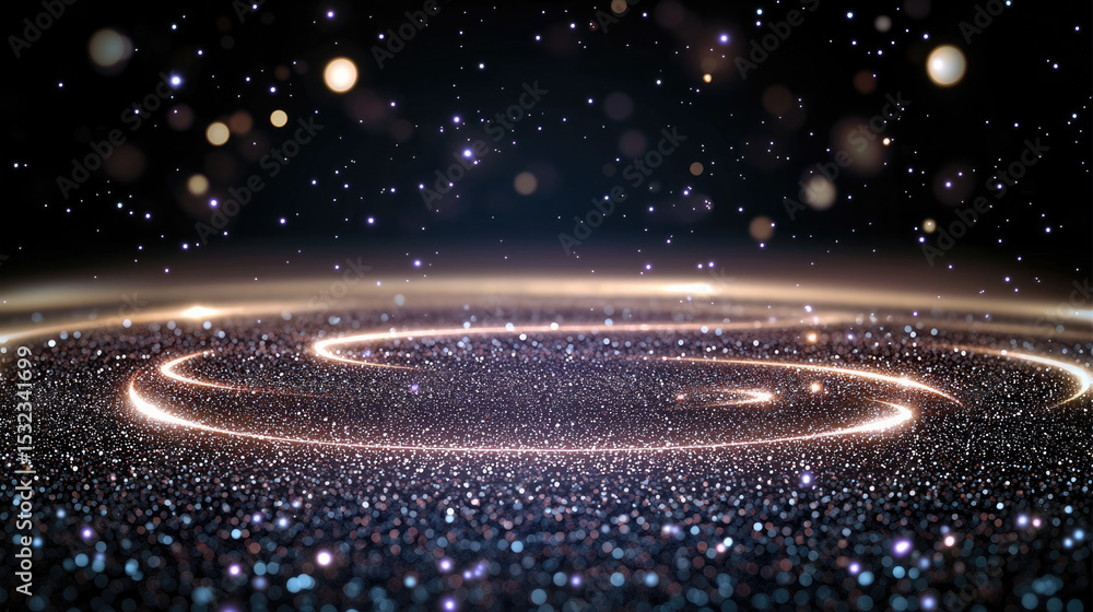 Poster side view circular stardust swirl with glowing particles, cosmic galaxy background, dreamy and magic