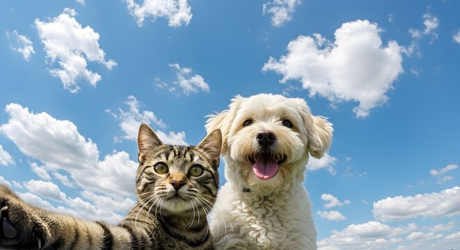 Whimsical pet selfie a curious tabby cat and a fluffy white dog pose together, with the expansive blue sky and white clouds forming a natural backdrop. Playful.