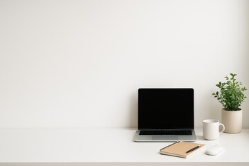 Minimal home office setup with laptop and plant
