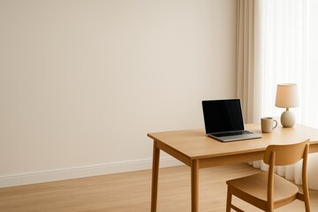 Minimalist home office with laptop and soft lighting
