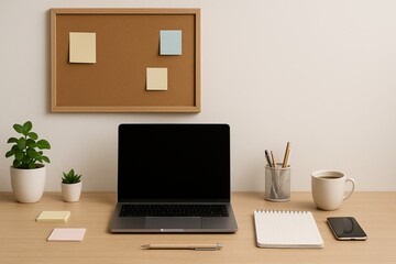 Organized home office desk with laptop and coffee
