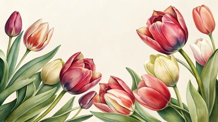 Elegant floral arrangement with red and white tulips and soft green leaves