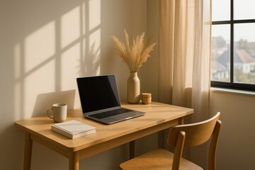 Cozy minimalist home office with laptop and sunlight
