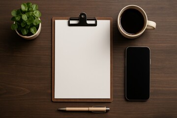 Blank clipboard with coffee and smartphone on desk
