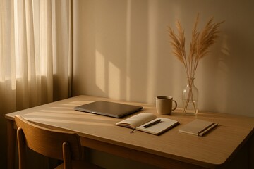 Warm minimalist workspace with closed laptop and notebook
