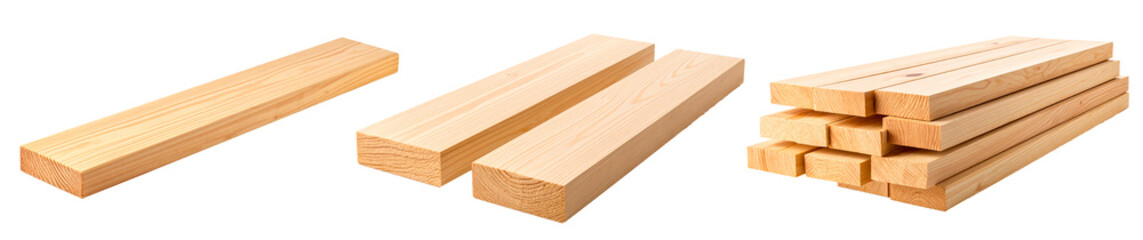 group of long lumber or wood plank isolated on white