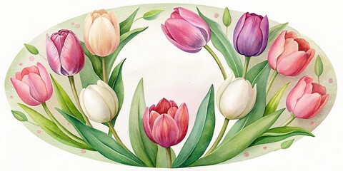 Obraz premium Watercolor Tulips Arranged in an Oval Frame Perfect for Springtime Greetings