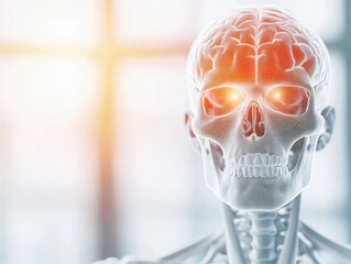 Transparent human skull with glowing brain and eyes, medical concept showing anatomy and neural activity in bright light