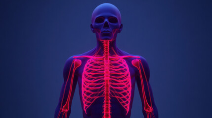 Human skeleton rib cage spine skull arm bone glowing anatomy medical illustration dark background