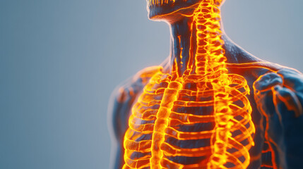 Human skeleton glowing in orange light showing rib cage and spine in digital medical illustration
