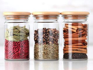 Three transparent jars filled with various spices including bay leaf, peppercorn, fennel seed, and cinnamon sticks