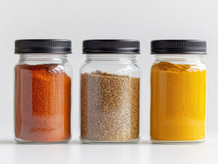 Three transparent jars filled with various spices including red, brown, and yellow powders neatly arranged on white surface