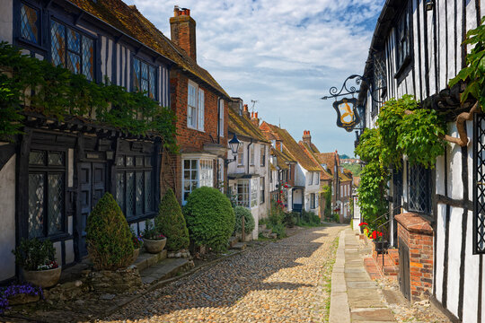 The cobbled old road of Mermaid Street Rye East Sussex UK