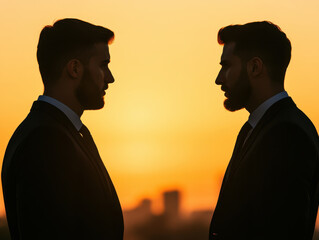Two men in suit facing each other with serious expression during sunset, creating dramatic silhouette effect