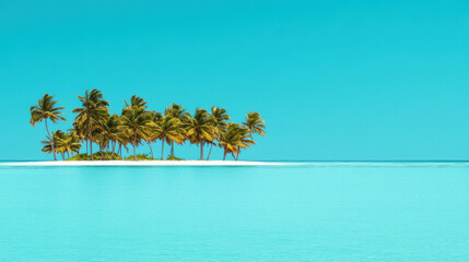 Tropical island with palm trees surrounded by clear blue water under bright sky creating peaceful scene