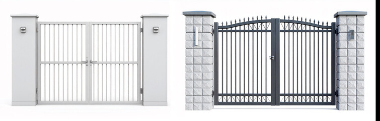 steel or iron gate fences with wall border in grey color isolated on white