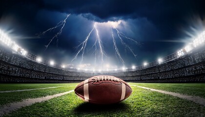 an american football resting on a field under dramatic stormy skies with lightning illuminated by bright stadium lights