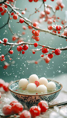 Delicate white dumplings float in a vibrant bowl surrounded by cherry branches adorned with red berries and a gentle snowfall during winter festivities