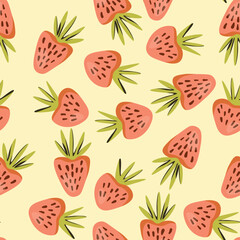Seamless pattern with strawberry on color background. Natural delicious fresh ripe tasty fruit. Vector illustration for print, fabric, textile, banner, other design. Food concept.