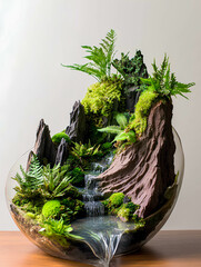 Creative terrarium design featuring lush greenery, flowing water, and rocky landscape in a glass bowl on a wooden table