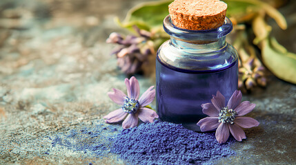 Vibrant violet glass bottle surrounded by purple flowers and powdered pigment on a textured surface, capturing the essence of natural beauty and artistry