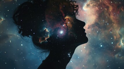 Human head silhouette filled with colorful galaxy nebula and bright stars on surreal cosmic space background