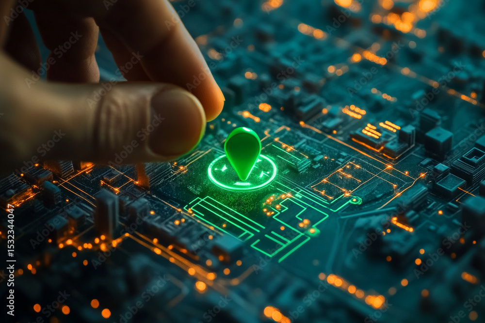 Poster finger placing green location pin on glowing circuit board representing digital mapping or navigatio