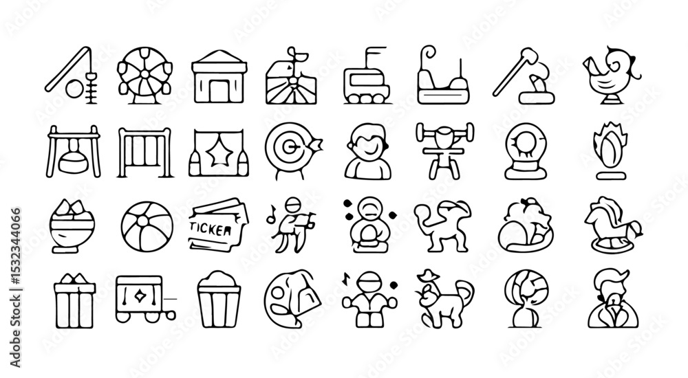Poster a collection of carnival themed outline icons arranged in rows depicting various fairground elements