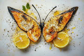 Culinary art creation resembling a butterfly, showcasing grilled fish with lemon garnishes on a white plate in a brightly lit kitchen setting