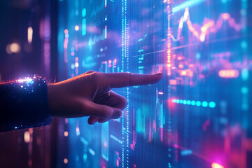 Hand interacting with a vibrant digital display showing financial data graphs and charts