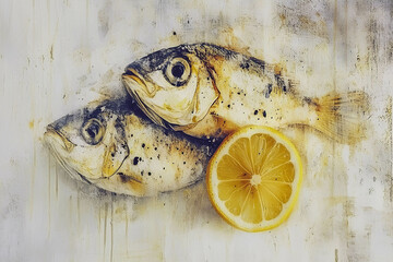 Freshly caught fish displayed with a slice of lemon on an artistic background, showcasing vibrant colors and textures, perfect for culinary inspiration