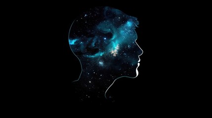 Human head silhouette filled with colorful galaxy nebula and bright stars on surreal cosmic space background