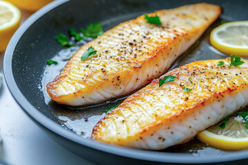 Deliciously seared fish fillets garnished with fresh herbs and lemon, sizzling in a black skillet, showcasing a vibrant culinary presentation, perfect for any meal