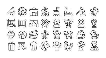 A collection of carnival themed outline icons arranged in rows depicting various fairground elements
