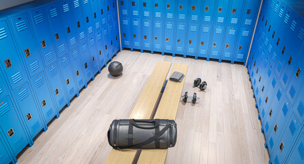Sports bag, dumbbells, empty gym locker room 3d