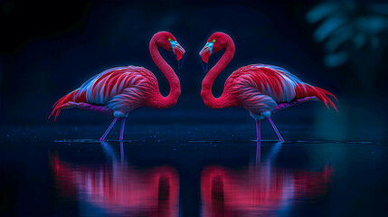 Bright pink flamingos stand gracefully in shallow water, reflecting beautifully in the still pond during twilight hours, showcasing their vibrant plumage and elegant posture