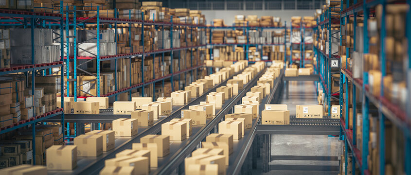 Cardboard boxes are moving on automated conveyor belt in distribution warehouse 3d
