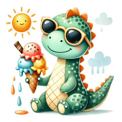 Cute summer dinosaur clipart featuring playful dinosaurs enjoying sunshine, ice cream, and beach fun. Perfect for kids’ projects, nursery decor, party invitations, and seasonal crafts. Bright.