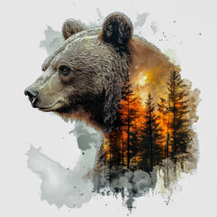 Majestic bear with forest backdrop showcasing a blend of wildlife and nature's beauty at dusk