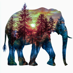 Silhouette of an elephant surrounded by a vibrant forest at sunset, showcasing the harmony between wildlife and nature in a stunning visual representation