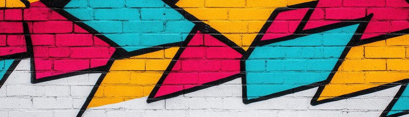 Vibrant graffiti art brick wall with abstract colorful shapes red, blue, yellow, and white creating dynamic urban expression