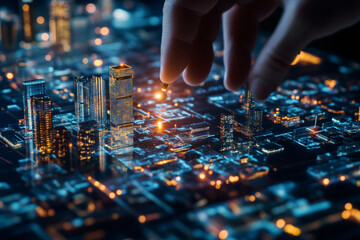 Hand interacting with a futuristic city model glowing with digital light