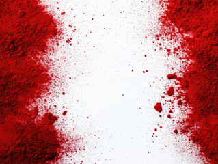 Vibrant red powder scattered on white background with dynamic texture and energetic feel