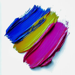 Bright and vivid strokes of blue, yellow, and pink paint create an abstract art piece on a white surface, showcasing bold color combinations and textures from a creative process