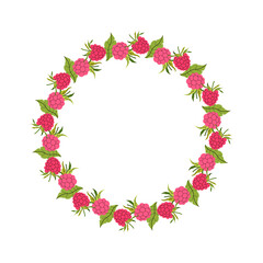 Round floral wreath with raspberry and foliage. Summer frame of pink berries and leaves. Decoration element for cards and seasonal decor, menu, recipe. Vector flat illustration.